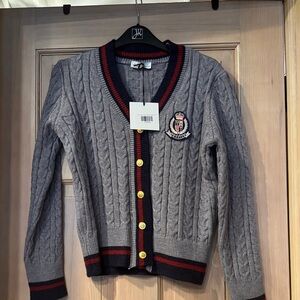 NWT - Fashion Varsity Italian Gray Cable Knit Cardigan with Crest
